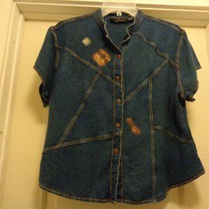 SACRED THREADS DENIM LOOK FEATHERS BLOUSE M TO L